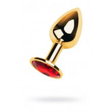 АНАЛЬНЫЙ СТРАЗ METAL BY TOYFA, МЕТАЛЛ, ЗОЛОТИСТЫЙ, С КРИСТАЛЛОМ ЦВЕТА РУБИН, 8 СМ, Ø 3,4 СМ, 85 Г