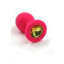 Розовая анальная пробка из силикона с нежно-желтым кристаллом (Medium)
