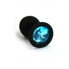 Черная анальная пробка из силикона с нежно-голубым кристаллом (Medium)