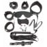 КОМПЛЕКТ (наручники, оковы, маска, кляп, плеть, ошейник с поводком, верёвка, зажимы для сосков) цвет чёрный, PVC, текстиль